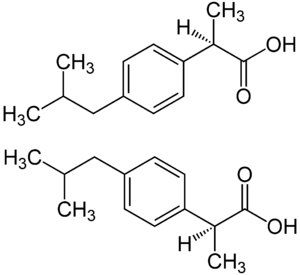 Structure des énantiomères R (en haut) et S (en bas) de l'acide 2-[4-(2-méthylpropyl)phényl]propanoique 